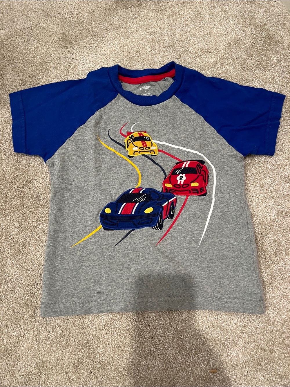 Gymboree Gray and Blue Raglan Tee with Racing Car Graphic